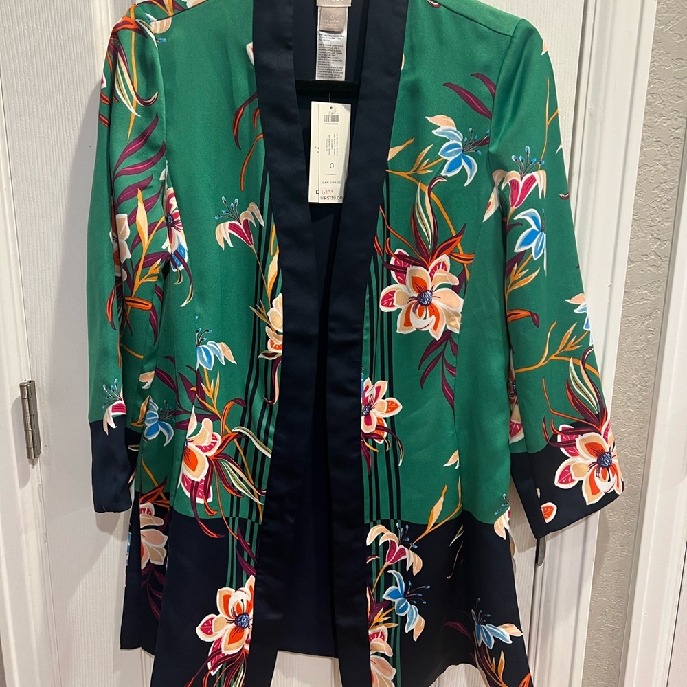 Chico's Reversible Kimono Mid length Dram LS Jacket Botanical Green.